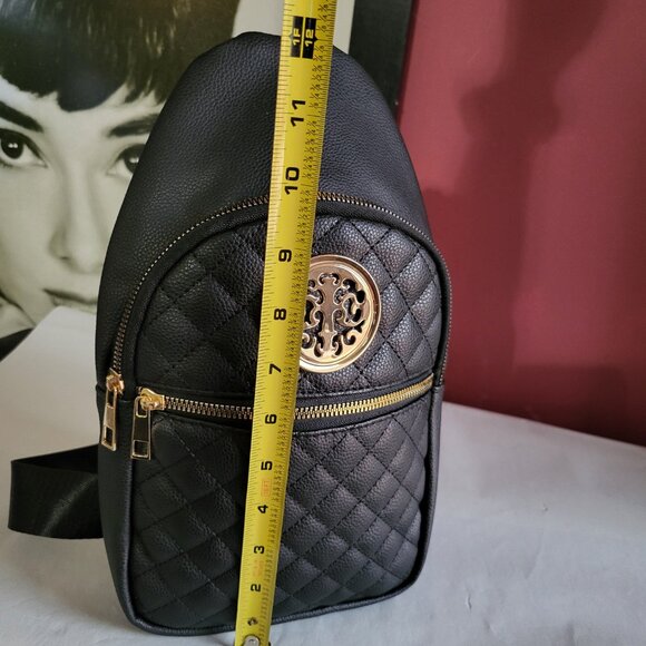 BLACK VEGAN LEATHER SLING BAG MINI BACKPACK - Picture 4 of 5